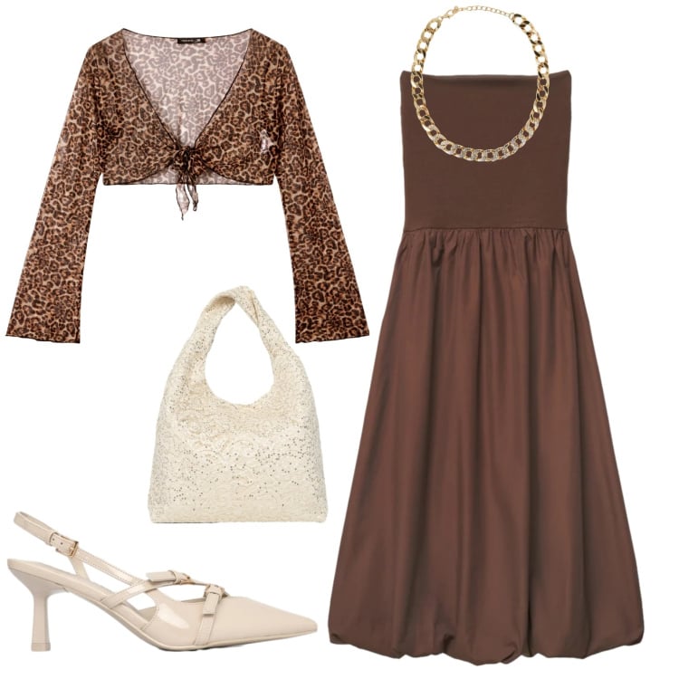 Outfit donna - Serata evento speciale. Stile Chic per Serata fuori. Abbinamento con bolero, borse a spalla, collane, décolleté, vestiti midi/longuette.