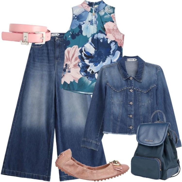 Outfit donna - Top blu ottanio stampa floreale. Stile Casual per Tutti i giorni. Abbinamento con ballerine, zaini, cinture, jeans, blazer, top.