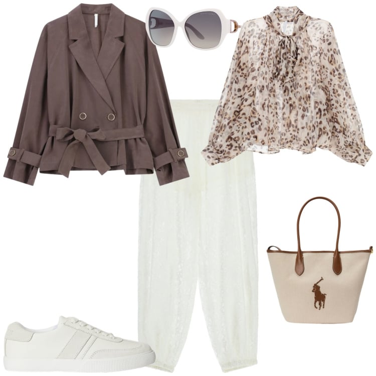 Outfit donna - Urban chic ufficio tempo libero. Stile Chic per Tutti i giorni. Abbinamento con blazer, pantaloni a palazzo, camicie, borse tote, sneakers, occhiali da sole.