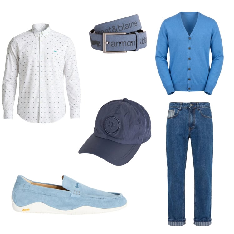 Outfit uomo - Azzurro mare. Stile Casual per Tutti i giorni. Abbinamento con cinture, scarpe stringate, jeans, camicie, cardigans, cappelli.