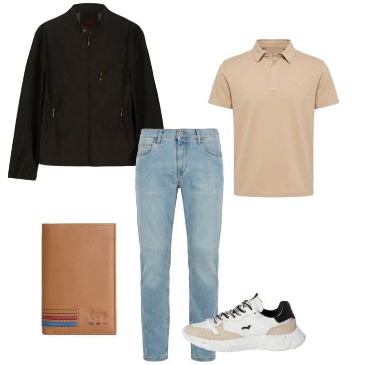Outfit uomo - Primavera ventosa. Abbinamento con jeans slim fit, polo, portafogli, sneakers, giacche.