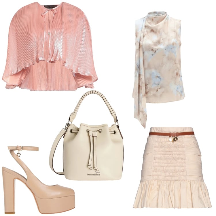 Outfit donna - Colori tenui. Stile Bon Ton per Serata fuori. Abbinamento con décolleté, blazer, minigonne, borse a secchiello, top.