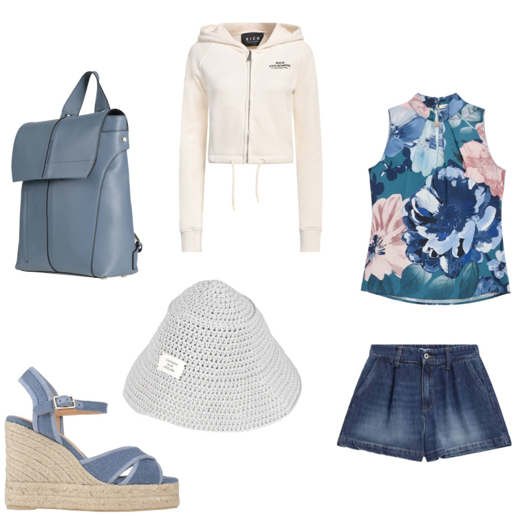 Outfit donna - W il caldo!. Stile Sporty chic per Mare. Abbinamento con shorts, top, espadrillas, cappelli con visiera, zaini, felpe con cappuccio.