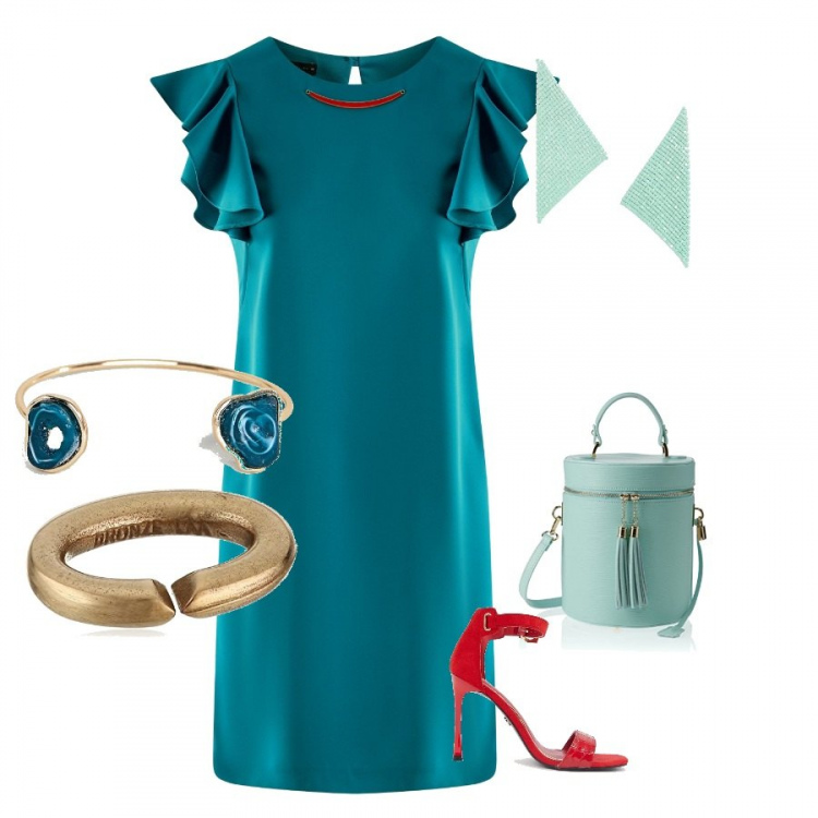 Outfit donna - Maxi orecchini leggerissimi. per Serata fuori. Abbinamento con vestito mini con volant girocollo turchese, charm, orecchini con ciondolo farfalla in in maglia argento e pastello, bracciale in denim rigido oro, sandali nudo, shopping bag turchese.