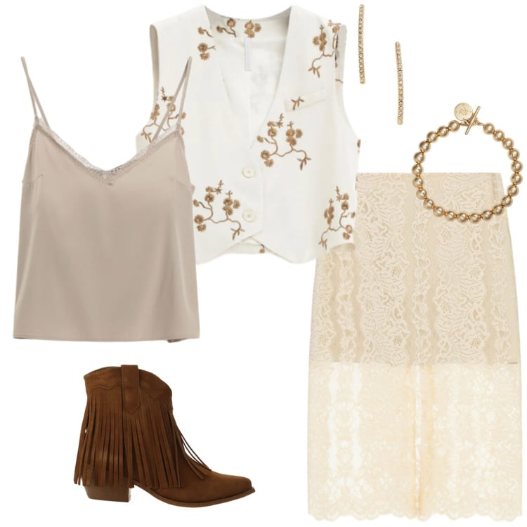 Outfit donna - Imperial - Total look. Stile Trendy per Serata fuori. Abbinamento con gilet, gonne longuette, stivaletti texani, canottiere, braccialetti, orecchini.