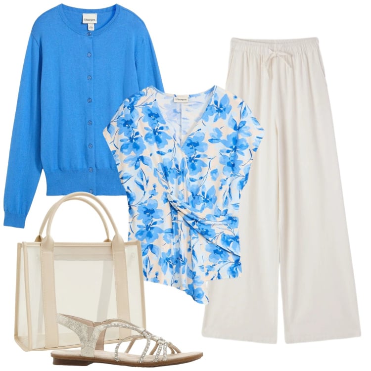 Outfit donna - Total look #2370452. Stile Boho per Mare. Abbinamento con cardigans, top, sandali, pantaloni, borse tote.