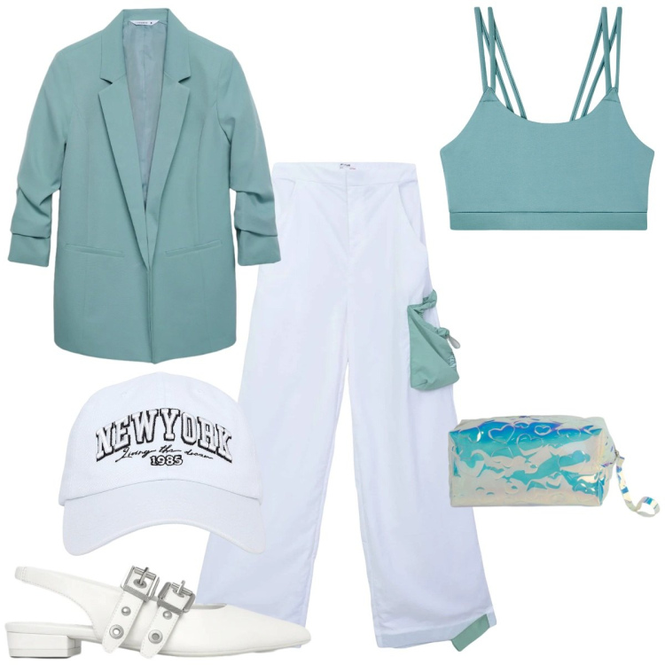 Outfit donna - Gim glam. Stile Casual chic per Tutti i giorni. Abbinamento con cappelli, canottiere, pantaloni cargo, ballerine, blazer, pochette.