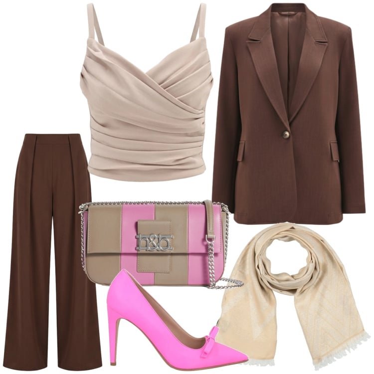 Outfit donna - Completo cioccolato. Stile Chic per Ufficio. Abbinamento con décolleté, sciarpe, borse a spalla, canottiere, pantaloni a palazzo, blazer.