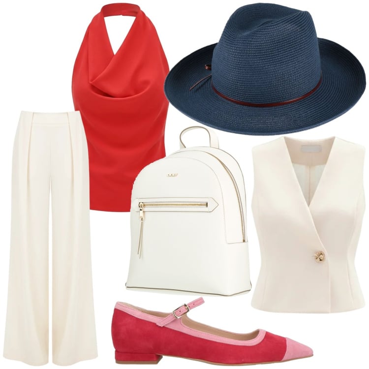 Outfit donna - Dettaglio cool. Stile Chic per Ufficio. Abbinamento con ballerine, cappelli, zaini, pantaloni a palazzo, gilet, canottiere.