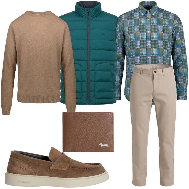 Outfit uomo - Stile informale. Stile Casual per Tutti i giorni. Abbinamento con portafogli, scarpe stringate, camicie, pantaloni cargo, piumini, maglieria.