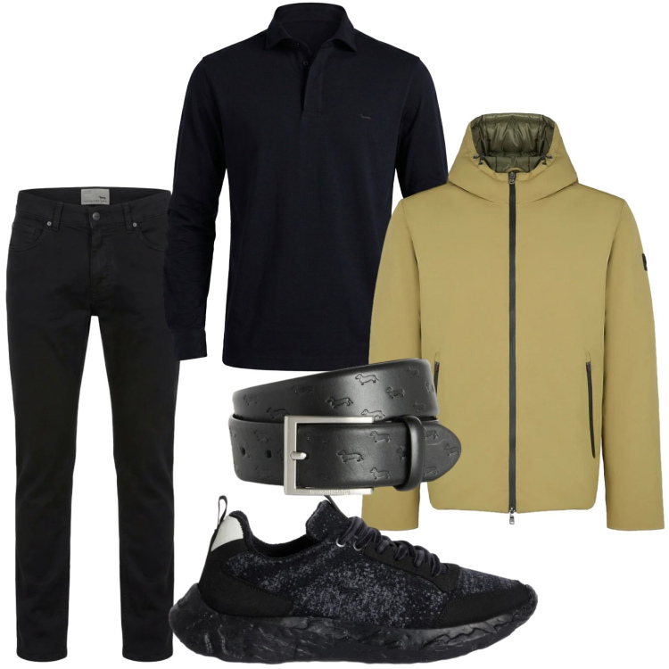 Outfit uomo - Stile deciso. Stile Casual per Tutti i giorni. Abbinamento con cinture, pantaloni, sneakers, polo, parka.