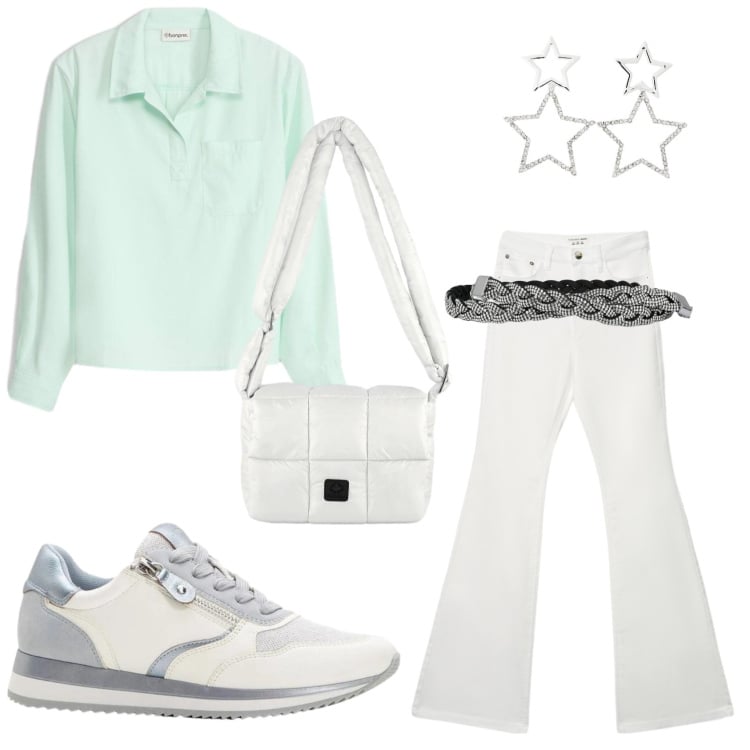 Outfit donna - I colori freddi. Stile Casual per Tutti i giorni. Abbinamento con sneakers, tuniche, cinture, orecchini, jeans a zampa, borse a spalla.