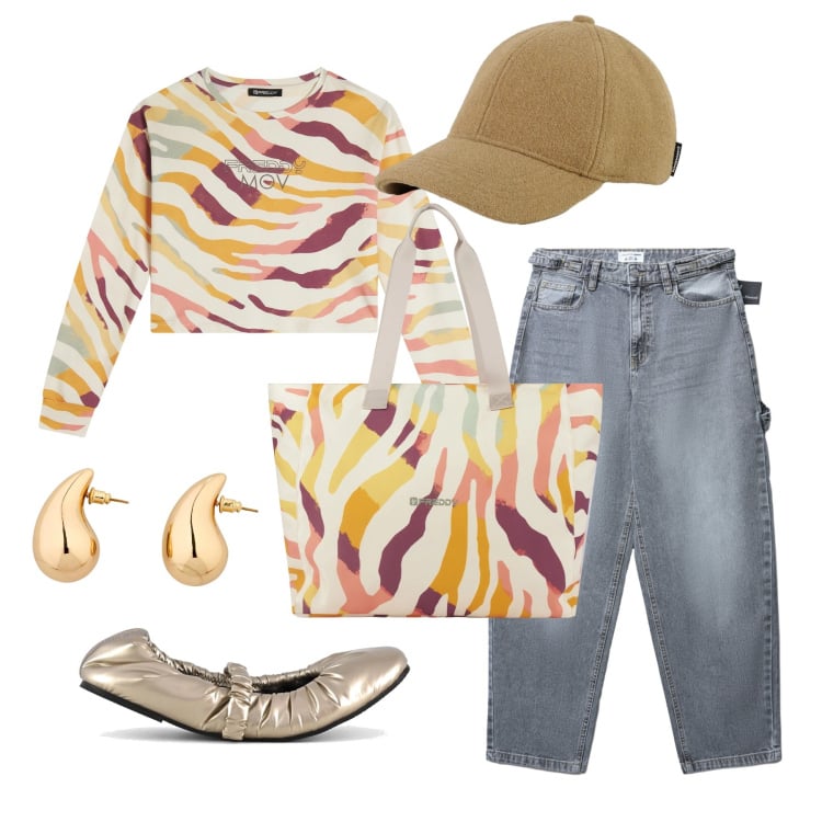 Outfit donna - Marzo. Stile Sporty chic per Tutti i giorni. Abbinamento con orecchini, jeans, cappelli, felpe, shopping bag, ballerine.