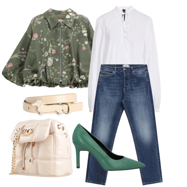 Outfit donna - Marzo. Stile Casual chic per Tutti i giorni. Abbinamento con décolleté, valigie, top, cinture, jeans, bomber.