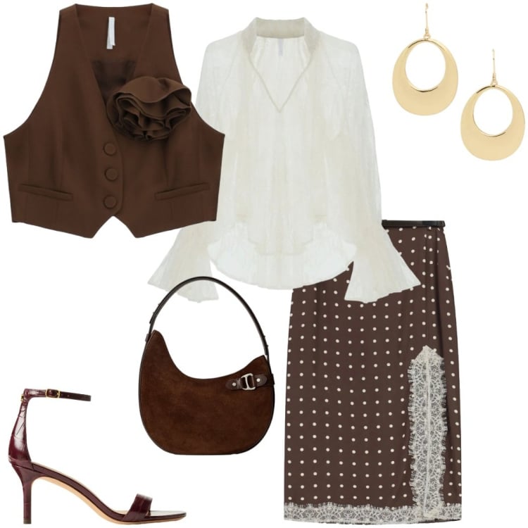 Outfit donna - Imperial new crew. Stile Chic per Serata fuori. Abbinamento con gonne lunghe, gilet, bluse, borse a spalla, sandali in pelle, orecchini.