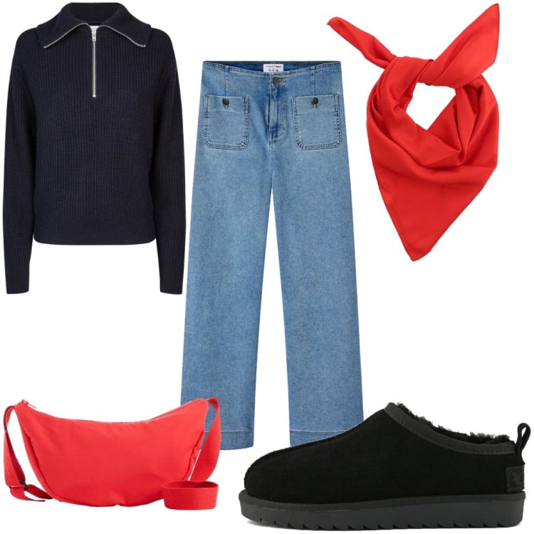 Outfit donna - Total look #2370532. Stile Trendy per Tutti i giorni. Abbinamento con borse a tracolla, jeans, foulard, maglieria, sabot.