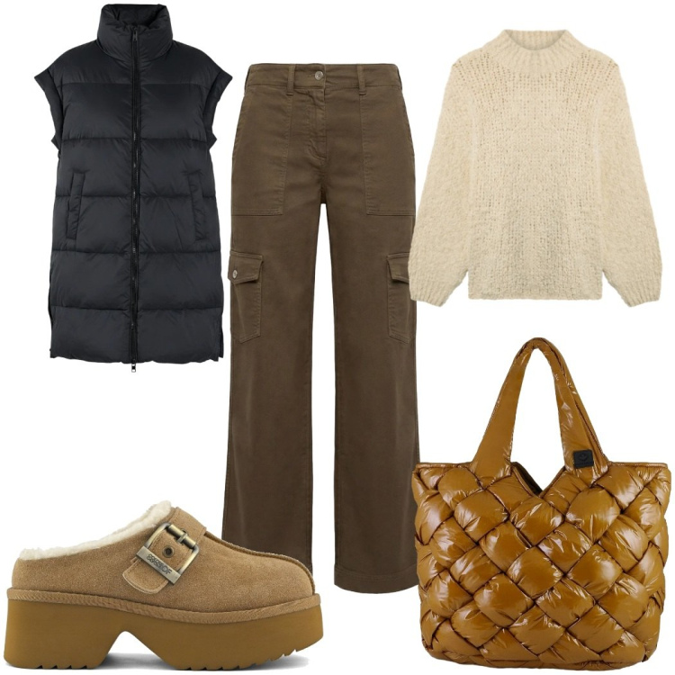 Outfit donna - Total look #2370533. Stile Basic per Tutti i giorni. Abbinamento con pantaloni cargo, pullovers, borse tote, piumini, sabot.