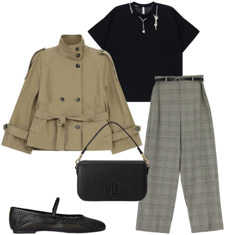 Outfit donna - New crew Imperial. Stile Urban per Tutti i giorni. Abbinamento con pantaloni a palazzo, trench, t-shirt, borse a spalla, ballerine.