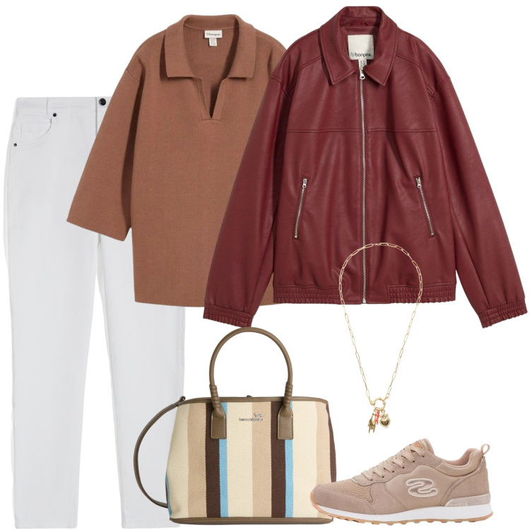 Outfit donna - Jeans bianchi. Stile Casual per Tutti i giorni. Abbinamento con polo, sneakers, blazer, shopping bag, pantaloni skinny, ciondoli.