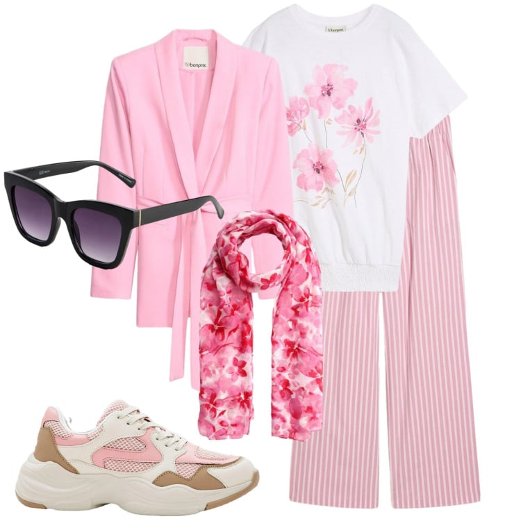 Outfit donna - Curvy style in Pink. Stile Casual chic per Ufficio. Abbinamento con t-shirt, sneakers, blazer, occhiali da sole, pantaloni a palazzo, foulard.