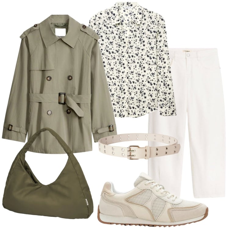 Outfit donna - Soprabito primaverile. Stile Casual chic per Scuola/Università. Abbinamento con trench, sneakers alte, pantaloni, camicie, cinture, borse a spalla.