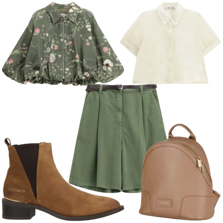 Outfit donna - Total look #2370558. Stile Trendy per Tutti i giorni. Abbinamento con zaini, stivaletti texani, shorts, camicie a manica corta, bomber.