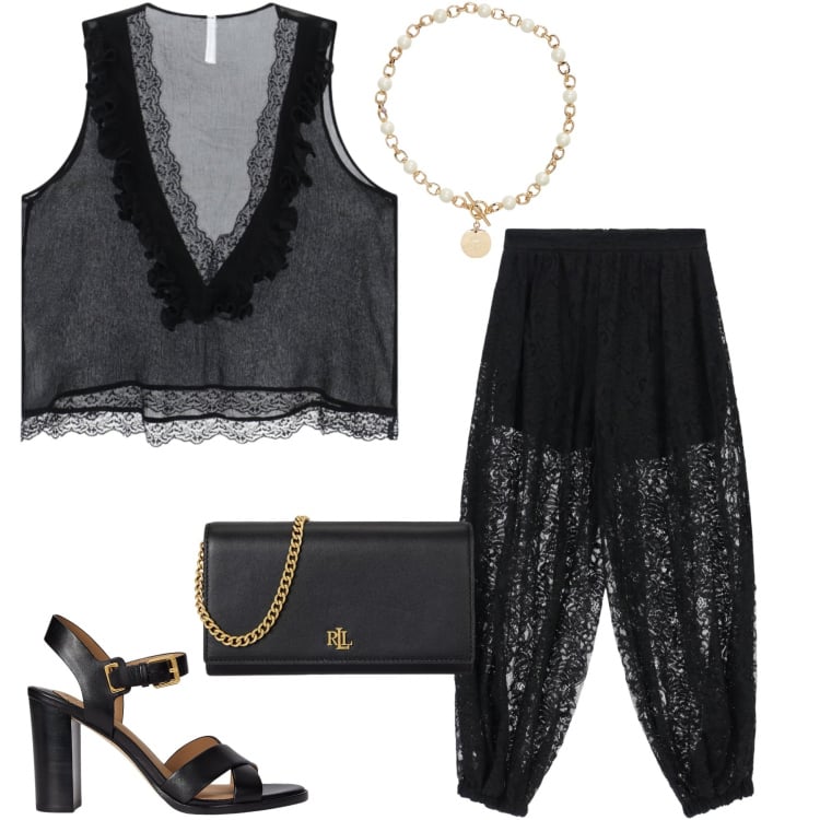 Outfit donna - Un Look Black Chic per la Sera. Stile Sexy per Serata fuori. Abbinamento con pantaloni a palazzo, top, collane, borse a tracolla, sandali in pelle.