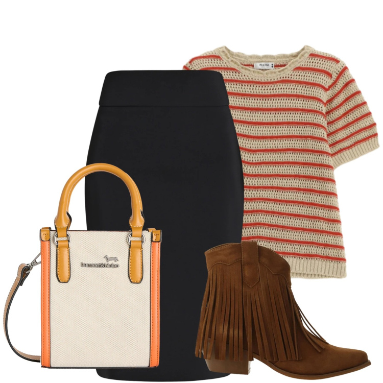 Outfit donna - Lulu. Stile Casual per Tutti i giorni. Abbinamento con stivaletti texani, gonne longuette, t-shirt, borse tote.