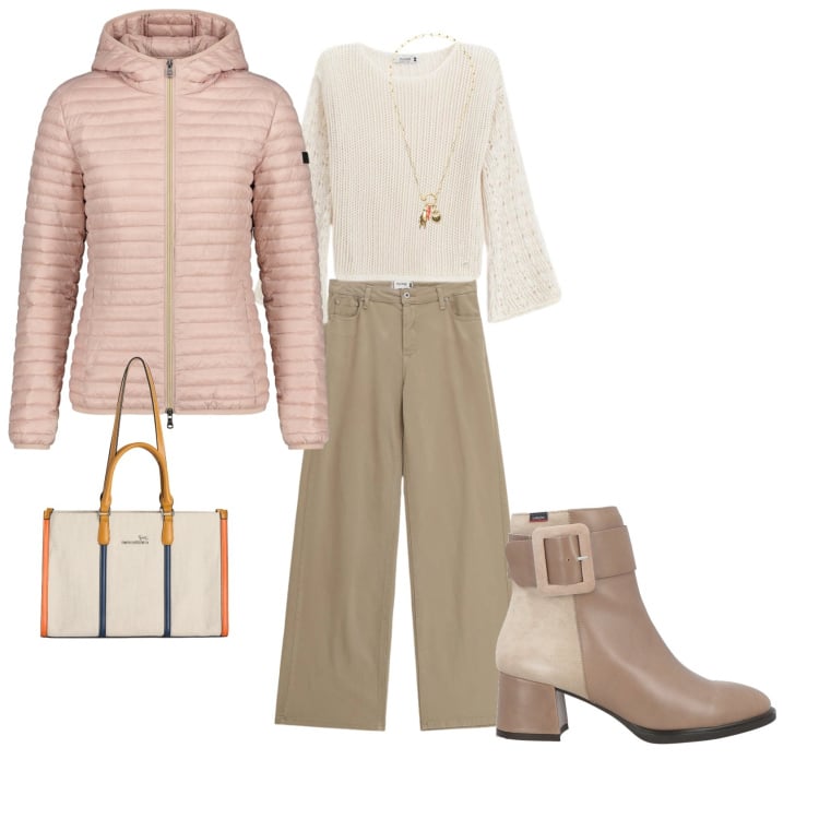 Outfit donna - Vestire comoda. per Tutti i giorni. look ideale per Petite. Abbinamento con stivaletti, borse tote, maglieria, pantaloni, piumini, ciondoli.