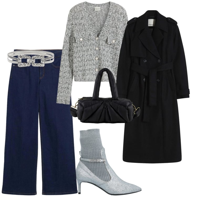 Outfit donna - Venerdì sera in denim. per Serata fuori. Abbinamento con stivaletti, cardigans, trench, jeans dritti, cinture, borse a mano.