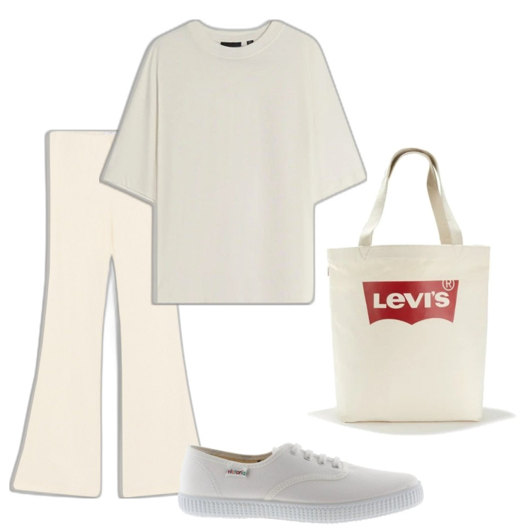 Outfit mujer - Basic look. Estilo Basic para Todos los días. Combinación con camiseta, bolso tote, sneakers, pantalones.