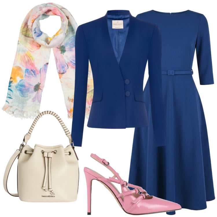 Outfit donna - Classico in blu. Stile Chic per Serata fuori. Abbinamento con décolleté, sciarpe, borse a secchiello, vestiti, blazer.