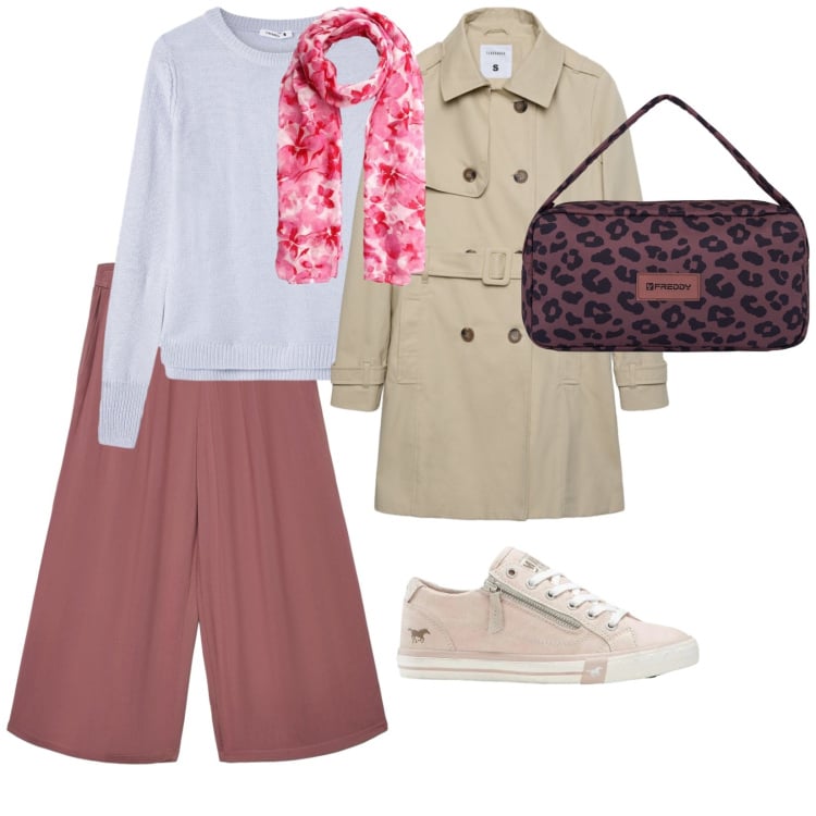 Outfit donna - Aprile si avvicina. per Tutti i giorni. Abbinamento con sneakers, trench, pantaloni a palazzo, foulard, maglieria, borse a spalla.