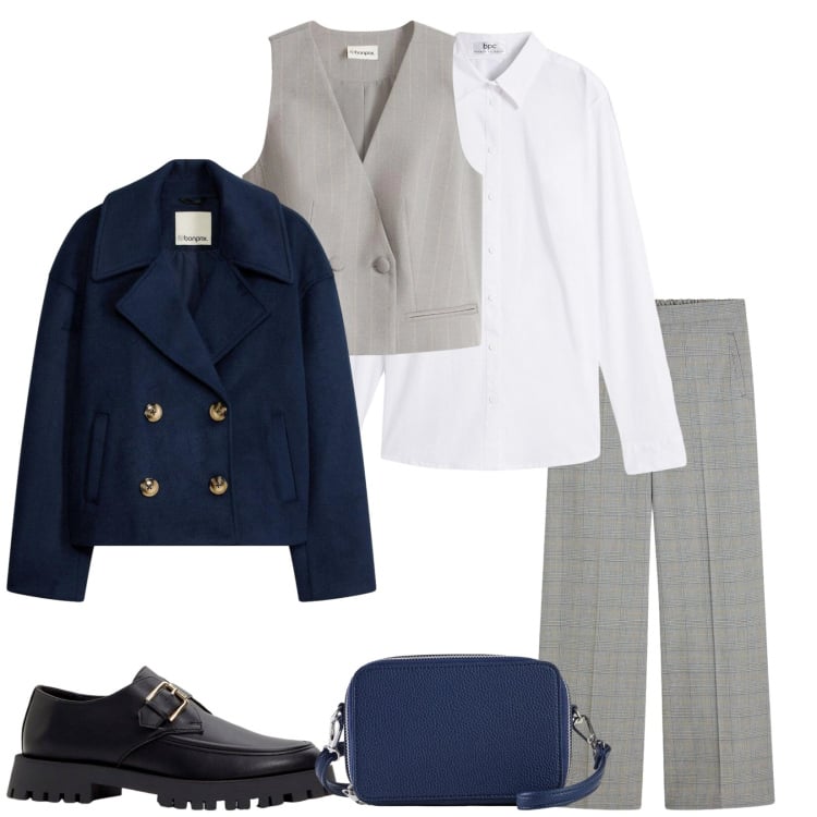 Outfit donna - Appuntamento di lavoro. Stile Chic per Ufficio. Abbinamento con blazer, gilet, pantaloni, camicie, mocassini, borse a tracolla.