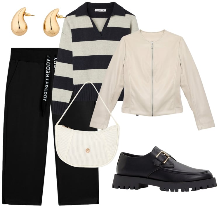 Outfit donna - Urban. per Tutti i giorni. Abbinamento con mocassini, orecchini, giacche, maglieria, borse a mano, pantaloni.