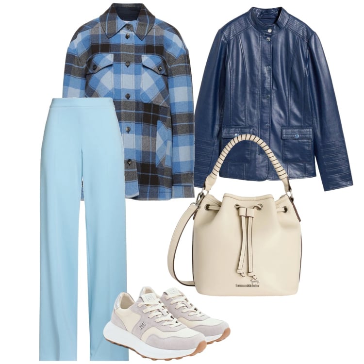 Outfit donna - Comoda ed elegante. per Ufficio. Abbinamento con camicie, pantaloni, blazer, borse a secchiello, sneakers.