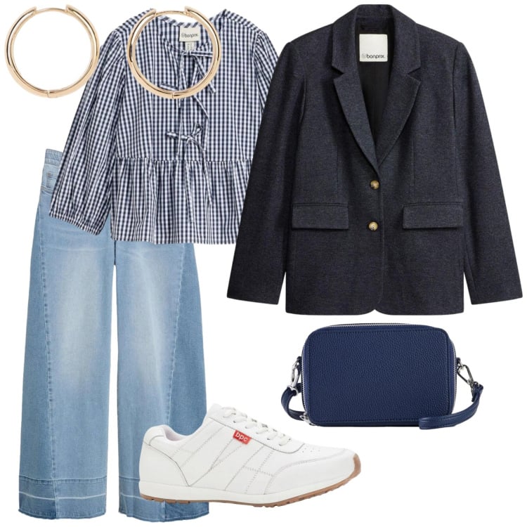 Outfit donna - Curvy style. per Tutti i giorni. Abbinamento con blazer, sneakers, bluse, jeans, orecchini, borse a tracolla.