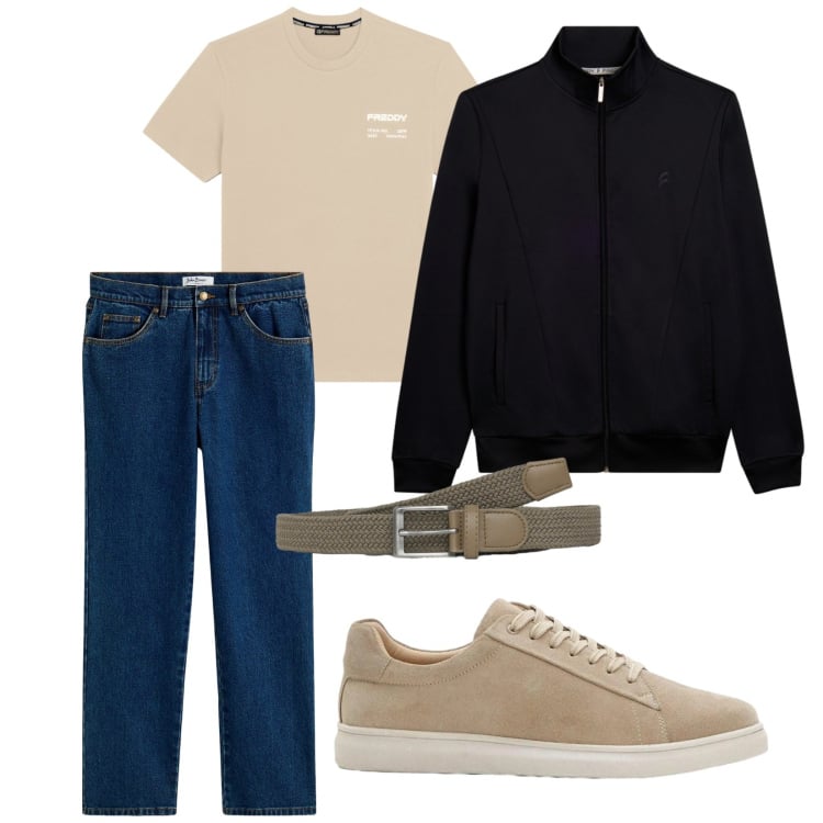 Outfit uomo - Aprile. per Tutti i giorni. Abbinamento con jeans dritti, sneakers, t-shirt sportive, bomber, cinture.