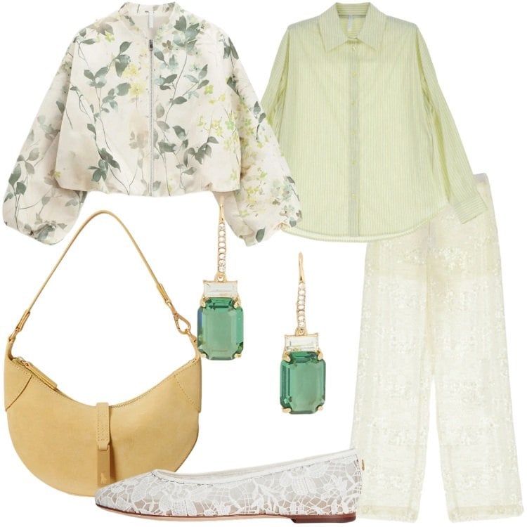 Outfit donna - Imperial - The New Crew SS 2026. Stile Romantica per Cerimonia. Abbinamento con bomber, pantaloni a palazzo, camicie, ballerine, orecchini, borse a spalla.