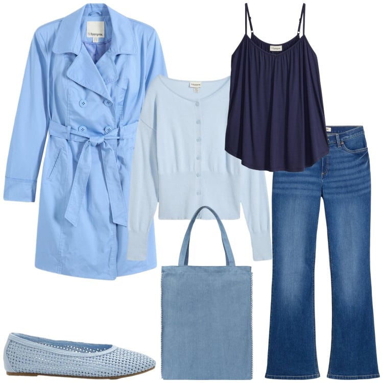Outfit donna - Total look #2370621. Stile Casual chic per Tutti i giorni. Abbinamento con cardigans, canottiere, jeans bootcut, ballerine, trench, borse tote.