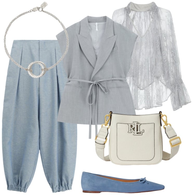 Outfit donna - Imperial ss26. Stile Casual chic per Tutti i giorni. Abbinamento con gilet, bluse, pantaloni, braccialetti, borse a tracolla, ballerine.