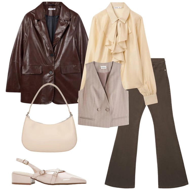 Outfit donna - Total look #2370624. Stile Urban per Ufficio. Abbinamento con gilet, décolleté, jeans a zampa, blazer, camicie, borse a tracolla.