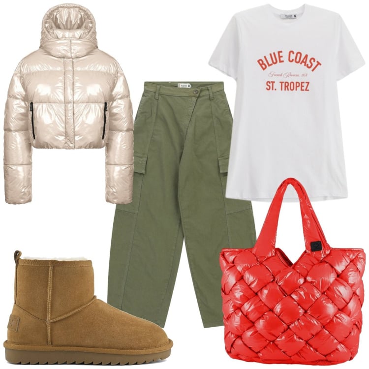 Outfit donna - Total look #2370625. Stile Trendy per Tutti i giorni. Abbinamento con pantaloni cargo, t-shirt, borse tote, piumini, stivali.