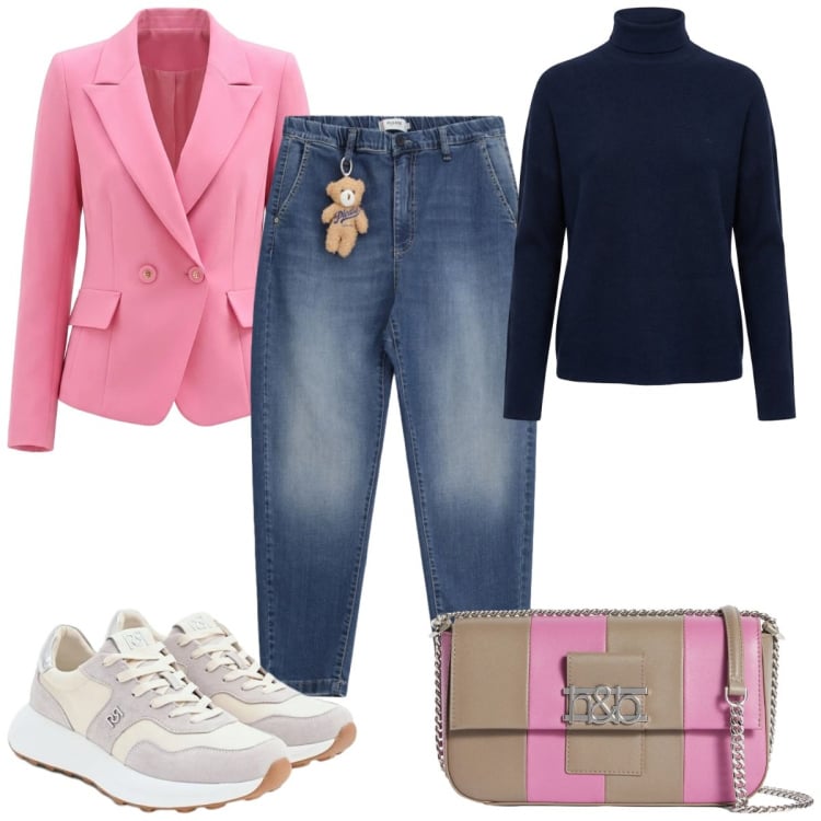 Outfit donna - Total look #2370631. Stile Casual per Tutti i giorni. Abbinamento con borse a spalla, maglieria, jeans, blazer, sneakers.