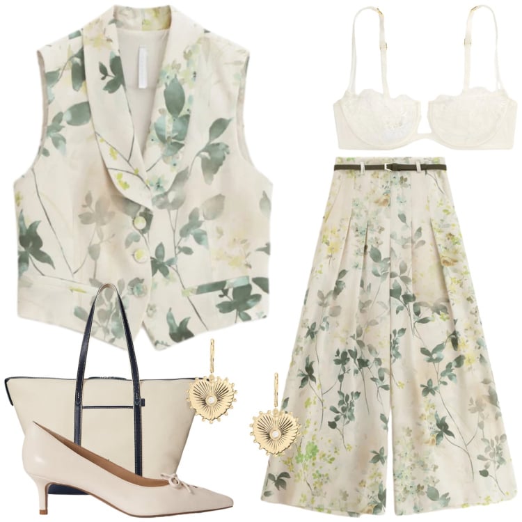 Outfit donna - Imperial - The New Crew. Stile Romantica per Tutti i giorni. Abbinamento con gilet, pantaloni a palazzo, borse tote, reggiseni a balconcino, orecchini, décolleté.