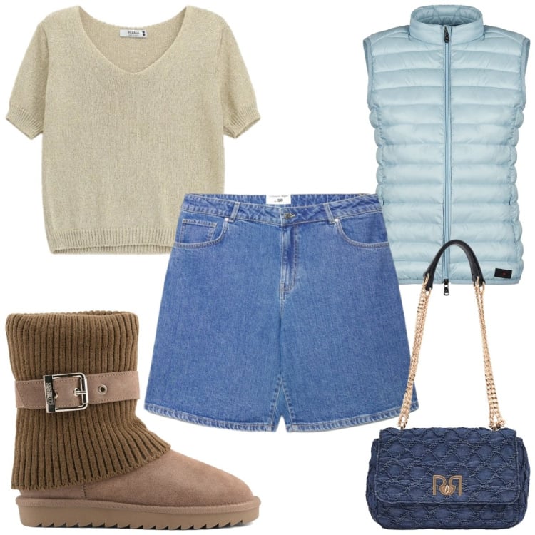 Outfit donna - Total look #2370637. Stile Trendy per Tutti i giorni. Abbinamento con bermuda, maglieria, borse a spalla, piumini, stivaletti.