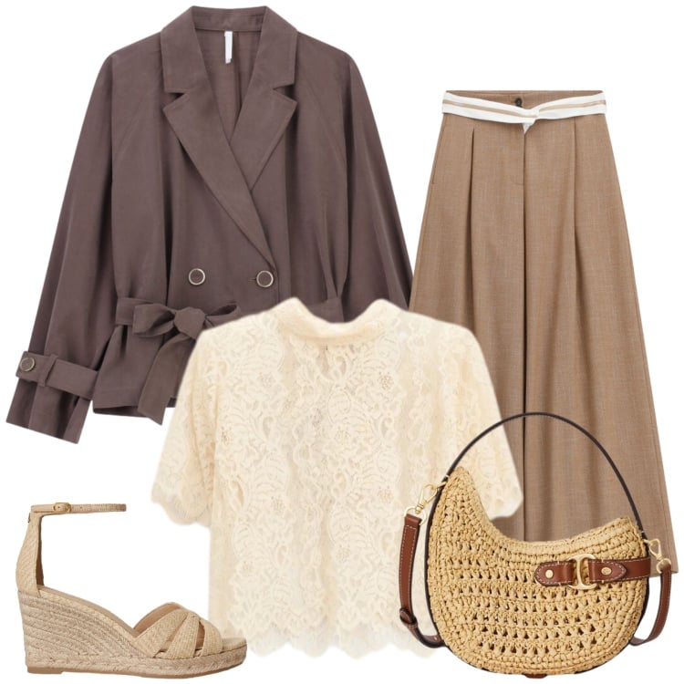 Outfit donna - Sinfonia di Terre e Merletti. Stile Glamour per Tutti i giorni. Abbinamento con blazer, top, pantaloni a palazzo, borse a tracolla, espadrillas.