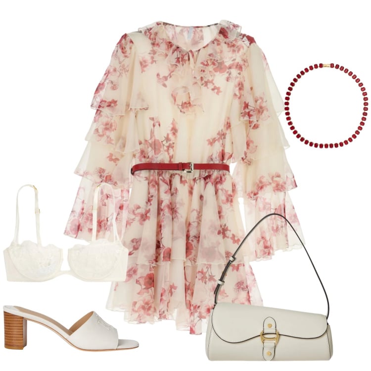 Outfit donna - Sinfonia di Primavera. Stile Romantica per Tutti i giorni. Abbinamento con vestiti corti, reggiseni a balconcino, sandali in pelle, borse a spalla, collane.