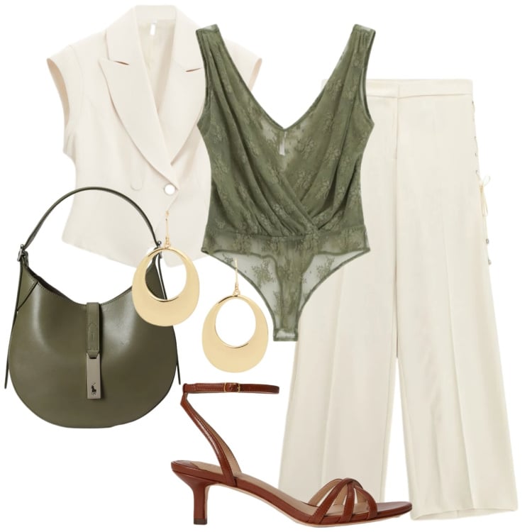 Outfit donna - Imperial ss26. Stile Chic per Tutti i giorni. Abbinamento con top, gilet, pantaloni, borse a spalla, orecchini, sandali in pelle.