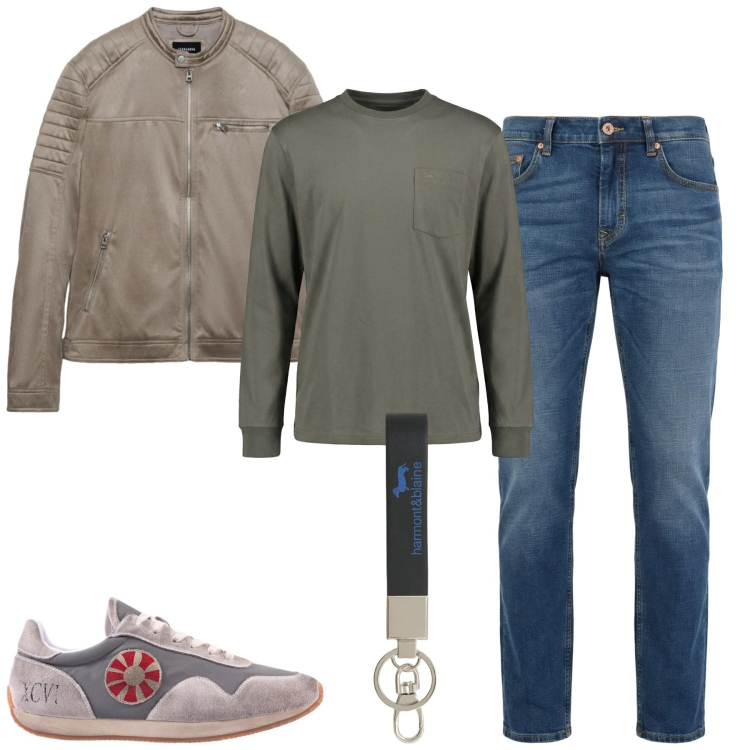 Outfit uomo - City. Stile Urban per Tutti i giorni. Abbinamento con portachiavi, t-shirt, jeans, giacche, sneakers.